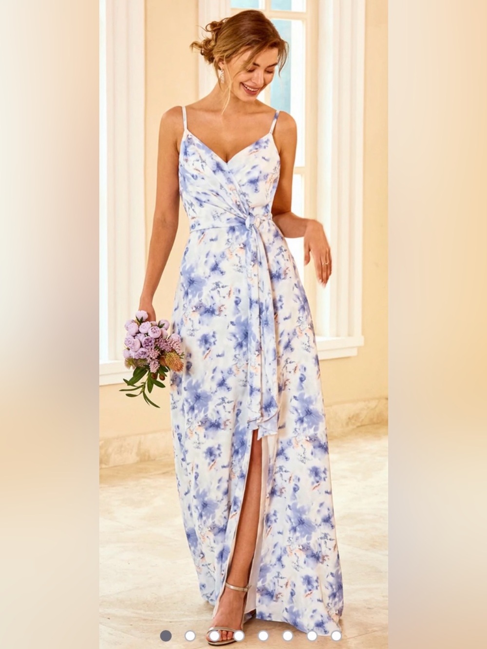 Spaghetti-Strap Blue Floral Tie-Waist Maxi Dress
